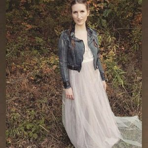 White tan lace dress long v neck wedding family